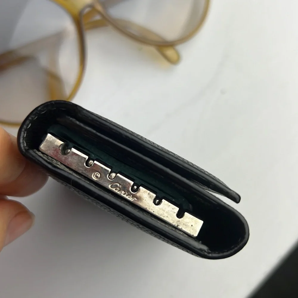 Auth. Cartier Santos Leather 4 Ring Key Case Black Logo Unisex Vintage